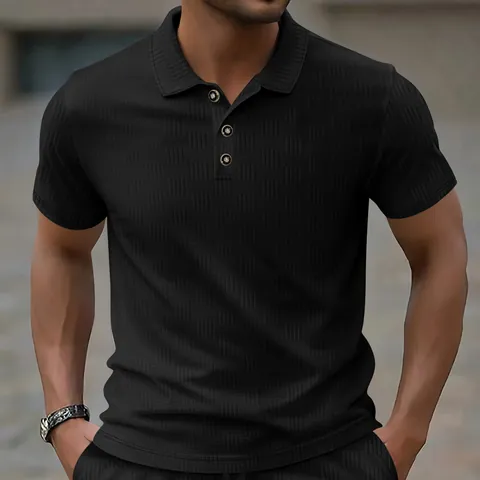 Casual Men Short Sleeve Polo Shirt Heavyweight Jacquard Fabric Turn-down Collar Solid Color Fashion Men Top For Summer Daily