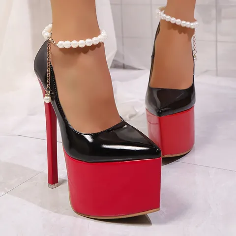 Women 18CM Super High Heels Sexy Pointed Toe Patent Leather Waterproof Platform Stiletto Party Dress Shoes Satin Ribbon Pearl Chain