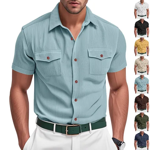 Men's American Vintage Corduroy Short Sleeve Shirt Heavyweight Loose Casual Workwear Button Up Top For Summer