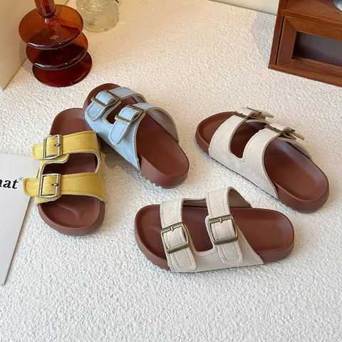 Kids Girls Casual Birkenstock Style Slippers Double Buckle Strap PU Leather Soft Sole Flat Beach Sandals Outdoor Slides