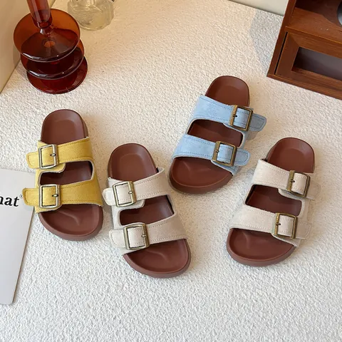 Kids Girls Casual Birkenstock Style Slippers Double Buckle Strap PU Leather Soft Sole Flat Beach Sandals Outdoor Slides