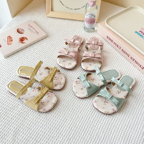 Pantuflas Planas con Lazo y Flores para Niñas Estilo Coreano Princesa Verano Sandalias de Cuero PU Antideslizantes Zapatos para Niños