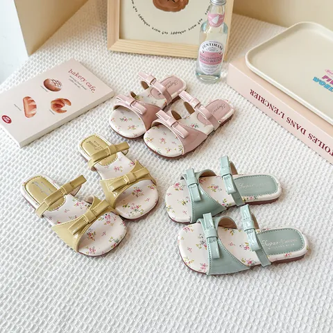 Pantuflas Planas con Lazo y Flores para Niñas Estilo Coreano Princesa Verano Sandalias de Cuero PU Antideslizantes Zapatos para Niños