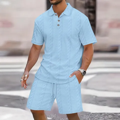 Men Jacquard Knit Polo Shirt And Shorts Set Casual Solid Color Short Sleeve Top And Bottom Summer Leisure Suit For Men