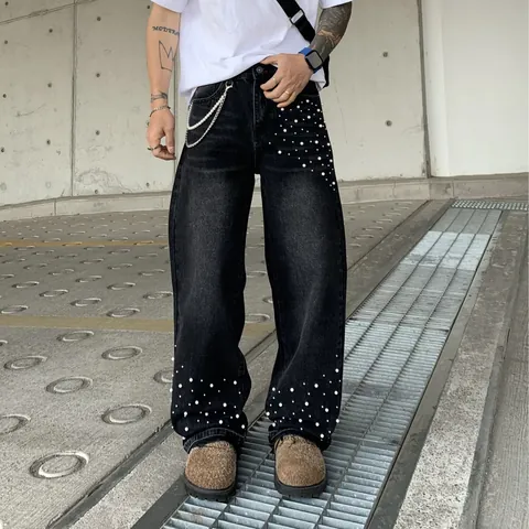 Men Loose Straight Leg Jeans With Beaded Decoration And Metal Chain Streetwear Bottom Denim Pants Modal Rabbit Hair Fabric
