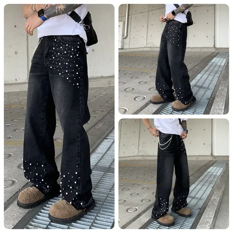 Men Loose Straight Leg Jeans With Beaded Decoration And Metal Chain Streetwear Bottom Denim Pants Modal Rabbit Hair Fabric