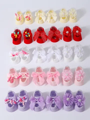 Korean INS Style Baby Girls Anti-slip Floor Socks Set Soft Cotton Blend Bow Lace Flower Artificial Pearl Infant Toddler Walking Socks