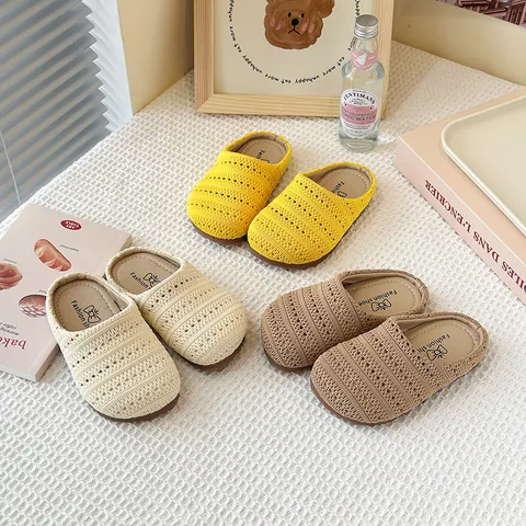 Kids Hollow Woven Closed Toe Sandals Girls Summer Breathable Mules Korean Style Soft Sole Half Slippers For Daily Wear