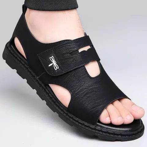 Sandalias de Cuero Romano para Hombre Zapatos de Playa Cuero de Microfibra Suela Blanda Cierre de Contacto Casual Aire Libre