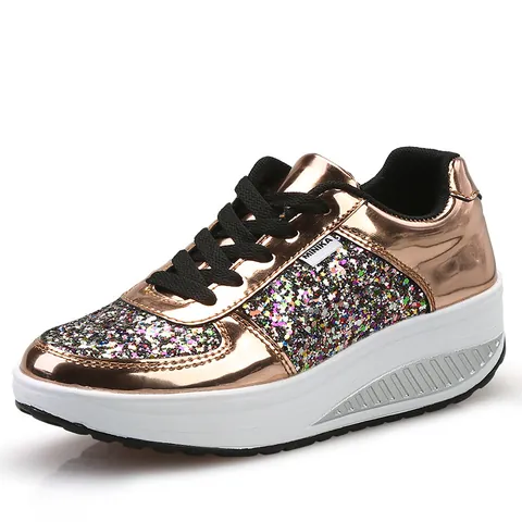 Women's Korean Style Sequin Mirror Artificial Leather Platform Rocking Shoes Patchwork Lace-up Casual Sneakers Height Increasing Single Shoes