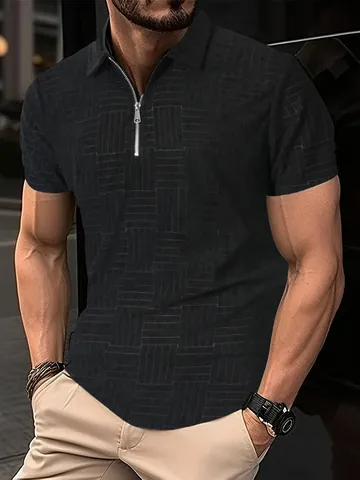 Men Textured Jacquard Quarter Zip Polo Shirt Casual Short Sleeve Summer Streetwear Polyester Lightweight Breathable Top