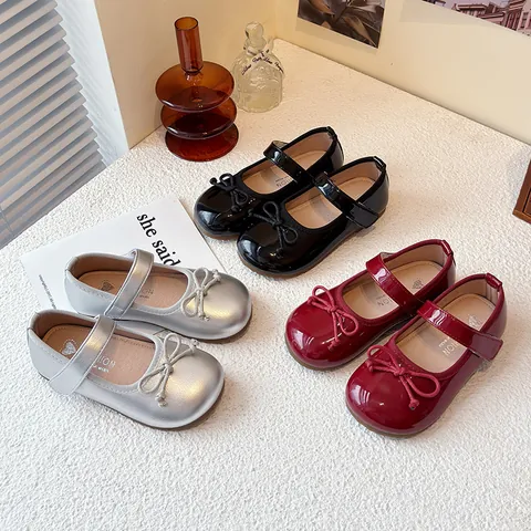 Girls Bow Princess Mary Jane Shoes Square Toe Glossy Patent Leather Flats For Party Wedding School Kids Fashion Shoes
