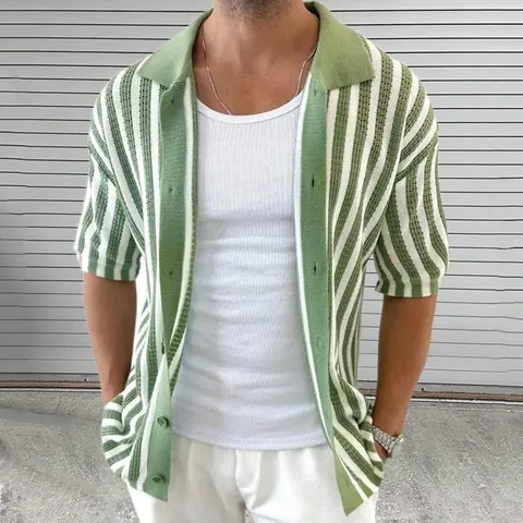 Men's Summer Knit Cardigan Striped Short Sleeve Lapel Button Up Top Lightweight Casual Fashion Polo Shirt For Men Clothing