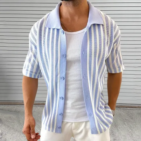 Men's Summer Knit Cardigan Striped Short Sleeve Lapel Button Up Top Lightweight Casual Fashion Polo Shirt For Men Clothing