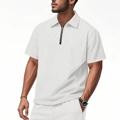 Men Summer Heavyweight Checkerboard Jacquard Polo Shirt Casual Loose Half Zip Short Sleeve Lapel Top Fashion Male Clothing