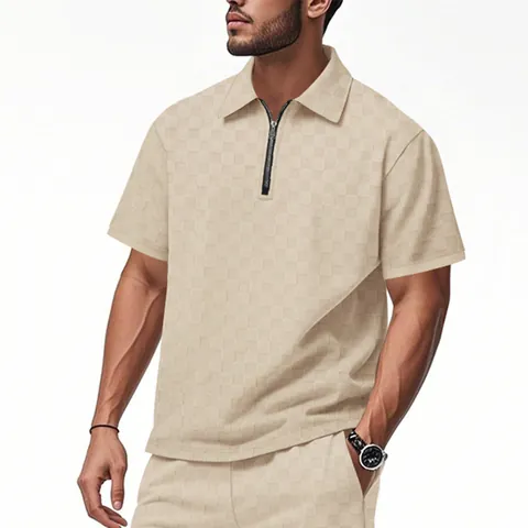Men's Summer Heavy Checkerboard Jacquard Polo Shirt Casual Loose Half-Zipper Lapel Short Sleeve Top