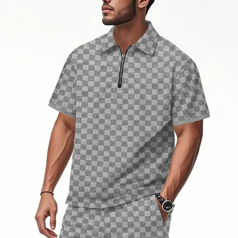 Men's Summer Heavy Checkerboard Jacquard Polo Shirt Casual Loose Half-Zipper Lapel Short Sleeve Top