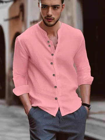 Camicia da Uomo in Cotone Lino Vintage Collo Henley Casual Manica Lunga Top Taglio Aderente Stile Italiano Minimalista
