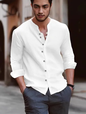 Camicia da Uomo in Cotone Lino Vintage Collo Henley Casual Manica Lunga Top Taglio Aderente Stile Italiano Minimalista