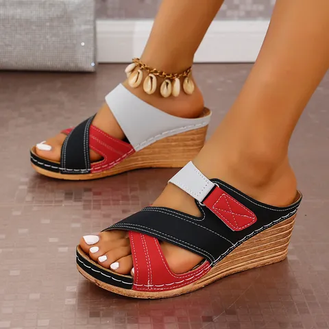 Women's Color-Block Wedge Slippers Cowhide Platform Sandals Fish Mouth Hook Loop Casual Fashion Outdoor Summer Beach Shoes