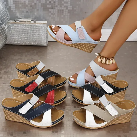 Women's Color-Block Wedge Slippers Cowhide Platform Sandals Fish Mouth Hook Loop Casual Fashion Outdoor Summer Beach Shoes