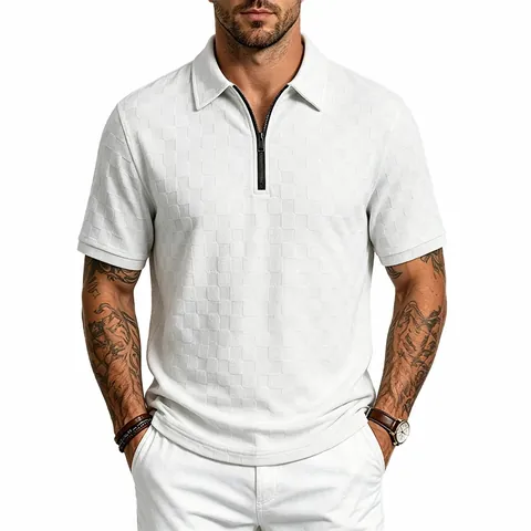 Men's Heavyweight Checkerboard Jacquard Polo Shirt Casual Loose Half-Zip Lapel Short Sleeve Top Summer Fashion Streetwear