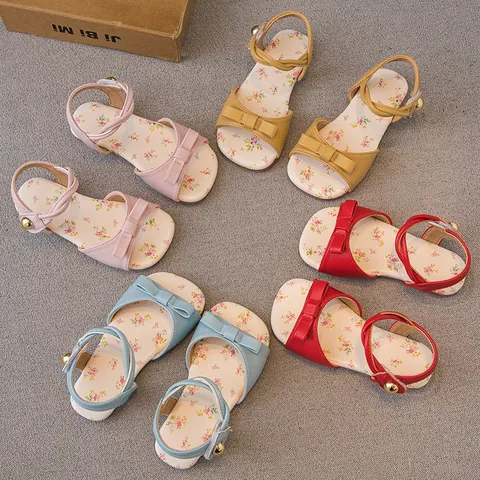 Girls Sweet Bowknot Sandals Summer Soft Sole Beach Shoes Floral Lining Open Toe Artificial Leather Sandals For Toddler Kids