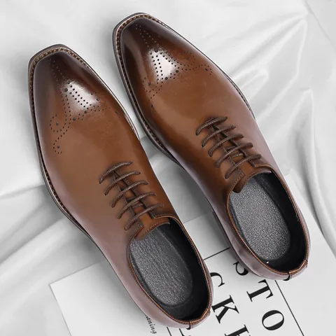British Style Men's Business Formal Leather Shoes Brogue Carving Square Toe Oxford Shoes For Office Wedding Recycled Leather Dress Shoes