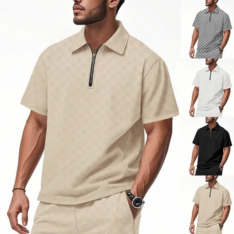 Men Summer Heavyweight Checkerboard Jacquard Polo Shirt Casual Loose Half Zip Short Sleeve Lapel Top Fashion Male Clothing