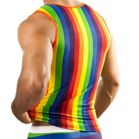 Débardeur de Sport pour Hommes Rayures Arc-en-ciel Dos Nu Top de Plage Surf Sans Manches en Polyester Sportswear Été Casual