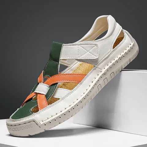 Women Men Summer Roman Flat Sandals Woven Microfiber Synthetic Leather Rubber Sole Anti-slip Breathable Beach Shoes Casual Velcro Closure