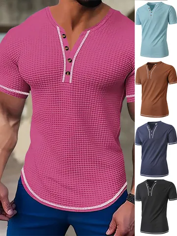 Men's Slim Fit Henley T-Shirt Waffle Seersucker Texture Short Sleeve Muscle Tee Contrast Stitching Summer Gym Casual Top