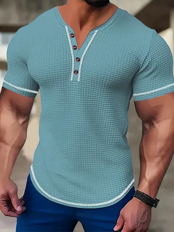 Men's Slim Fit Henley T-Shirt Waffle Seersucker Texture Short Sleeve Muscle Tee Contrast Stitching Summer Gym Casual Top