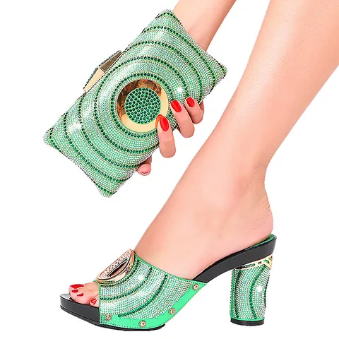 Luxueuses Mules à Talons Hauts en Strass de Cristal pour Femmes de Mode Africaine et Ensemble de Sacs à Main Assortis pour Banquet de Mariage Fête