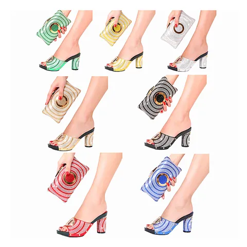 Luxueuses Mules à Talons Hauts en Strass de Cristal pour Femmes de Mode Africaine et Ensemble de Sacs à Main Assortis pour Banquet de Mariage Fête