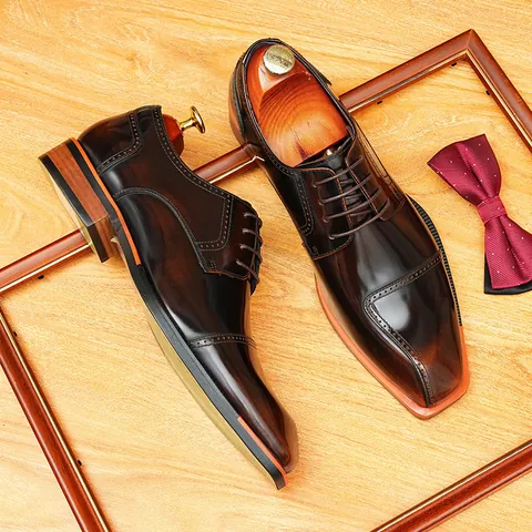 Men's Genuine Cowhide Leather Derby Shoes British Retro Chisel Toe Brogue Burnished Business Formal Dress Shoes For Wedding