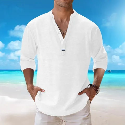 Men Casual Cotton Blend Shirt Stand Collar V-Neck Henley Long Sleeve Solid Color Tie-Dyed Beach Style Vacation Top