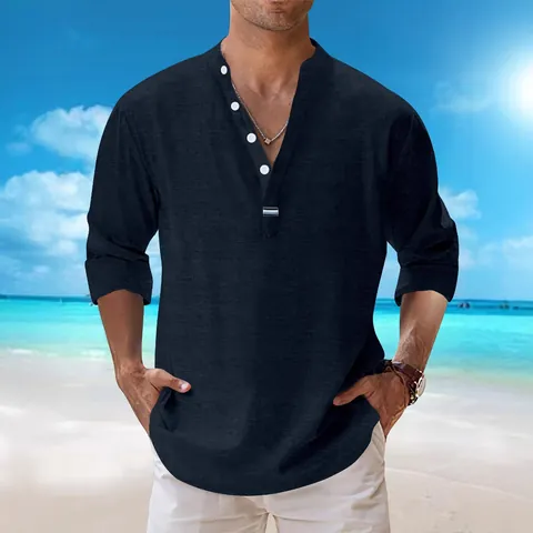 Men Casual Cotton Blend Shirt Stand Collar V-Neck Henley Long Sleeve Solid Color Tie-Dyed Beach Style Vacation Top