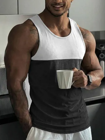 Men Slim Fit Gym Tank Top Sleeveless Color Block Patchwork Muscle Vest Breathable Sporty Workout Fitness Running Outdoor Top