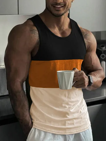 Men Slim Fit Gym Tank Top Sleeveless Color Block Patchwork Muscle Vest Breathable Sporty Workout Fitness Running Outdoor Top