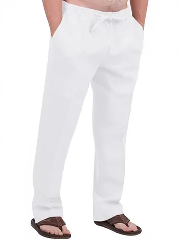 Men Linen Pants Drawstring Elastic Waist Solid Color Breathable Comfortable Outdoor Daily Streetwear Casual Straight Leg Trousers