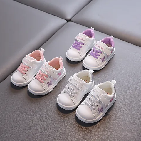 Baby Girl First Walker Shoes Butterfly Embroidery Waterproof PU Leather Soft Sole Anti-Slip Toddler Sneakers Velcro Closure