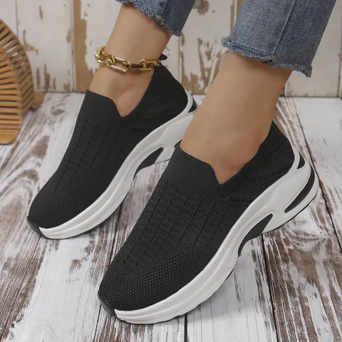 Women's Casual Mesh Flyknit Sneakers Platform Wedge Shoes Breathable Slip-on Walking Shoes Large Size Sneakers Fashion Footwear
