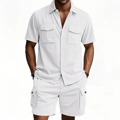 Herren Cord Casual Workwear Set Kurzarm Revers Button Down Hemd Und Cargo Shorts Zweiteiliges Sommer Outdoor Outfit