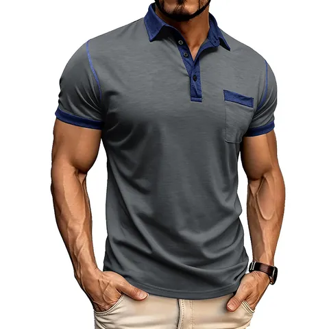 Men Casual Short Sleeve Henley Polo Shirt Color Block Patchwork Breathable Knit Top With Chest Pocket For Summer