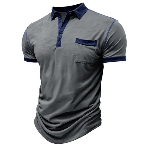 Men Casual Short Sleeve Henley Polo Shirt Color Block Patchwork Breathable Knit Top With Chest Pocket For Summer