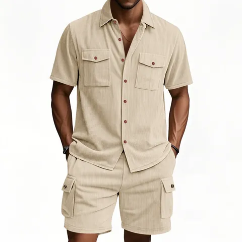 Herren Cord Cargo Kurzarm Hemd Und Shorts Top Und Bottom Sommer Lässig Outdoor Retro Einfarbig Workwear Outfit