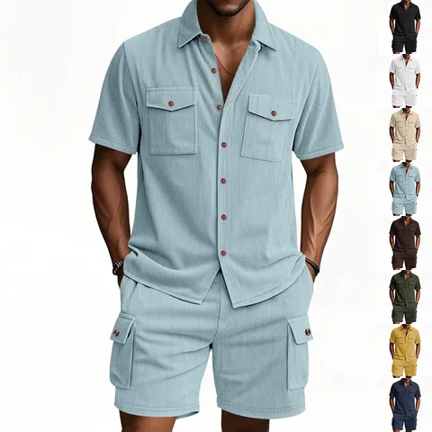 Herren Cord Cargo Kurzarm Hemd Und Shorts Top Und Bottom Sommer Lässig Outdoor Retro Einfarbig Workwear Outfit