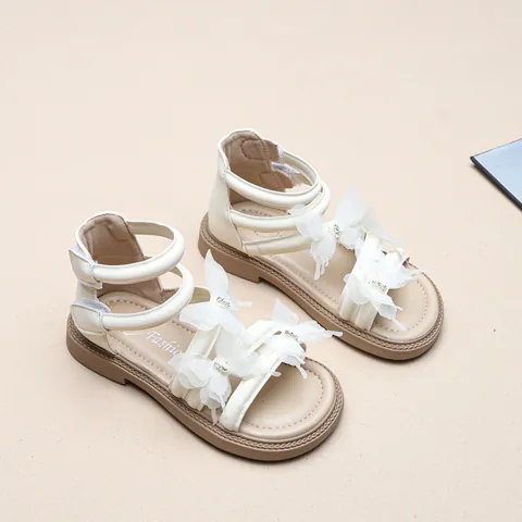 Girls Bowknot Flower Princess Sandals Summer Fashion Roman Sandals Microfiber Leather Rhinestone Artificial Pearl Non-slip Casual Girls Shoes