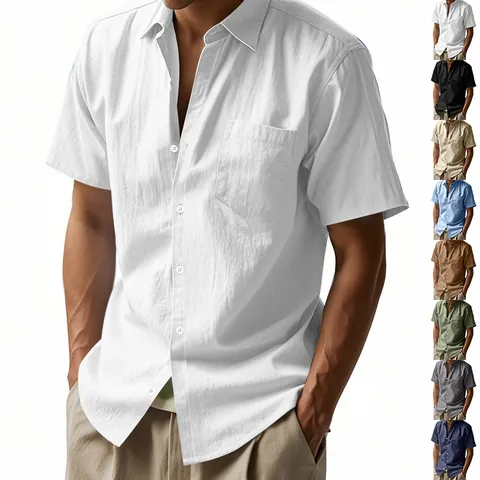 Men Linen Blend Short Sleeve Casual Shirt Loose Fit American Style Hawaiian Lapel Top With Pocket Lightweight Breathable Summer Clothing
